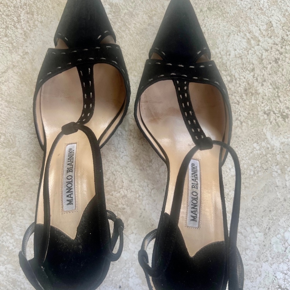 Manolo Blahnik Black Suede Slingback Heels